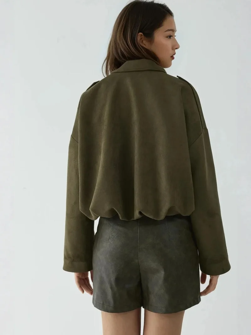HICCUP Khaki Green Soft Textured Suede Bomber Jacket for Women | Best Price UAE