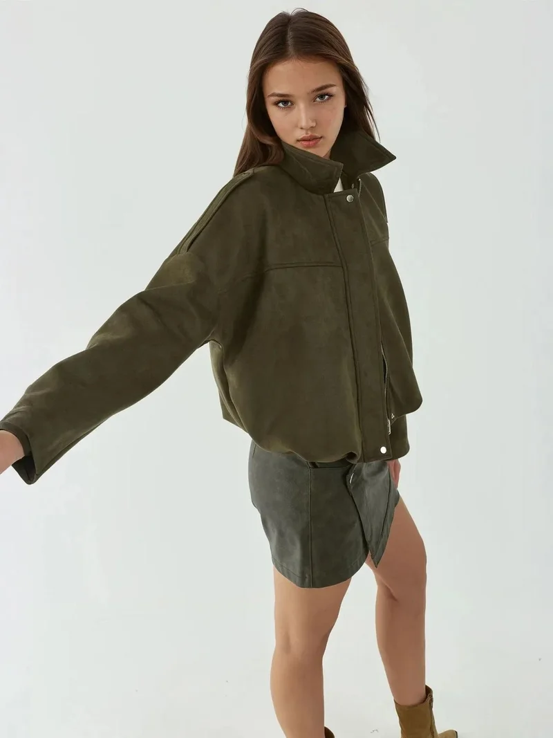 HICCUP Khaki Green Soft Textured Suede Bomber Jacket for Women | Best Price UAE