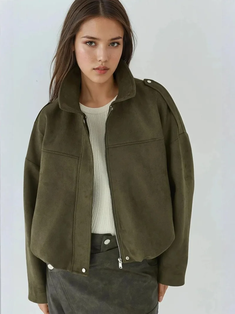 HICCUP Khaki Green Soft Textured Suede Bomber Jacket for Women | Best Price UAE