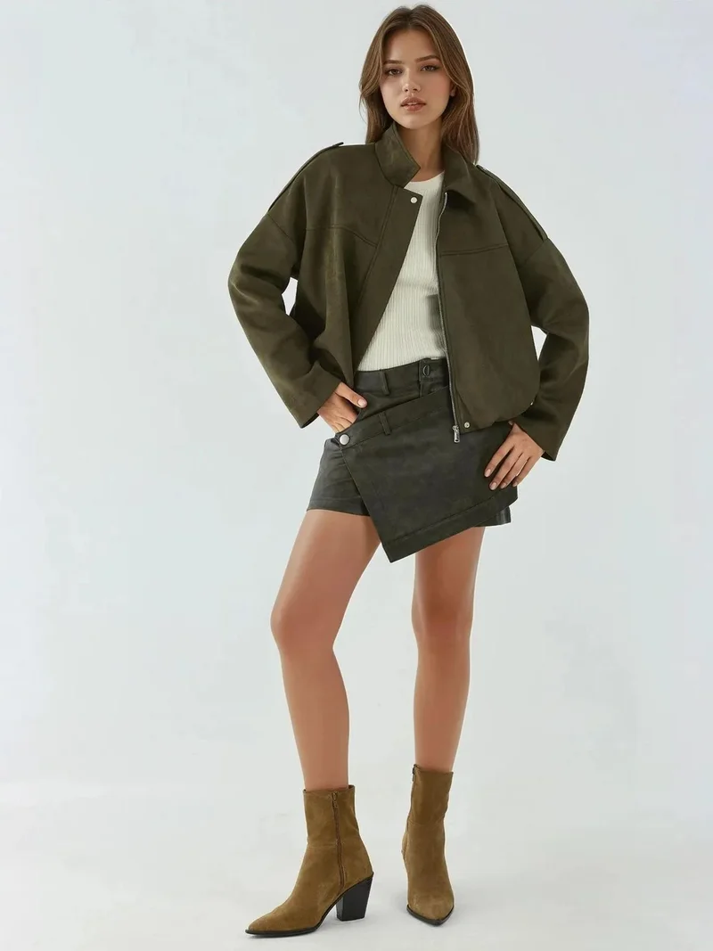 HICCUP Khaki Green Soft Textured Suede Bomber Jacket for Women | Best Price UAE