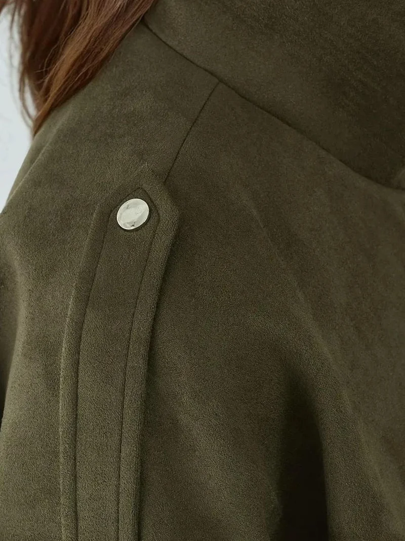 HICCUP Khaki Green Soft Textured Suede Bomber Jacket for Women | Best Price UAE