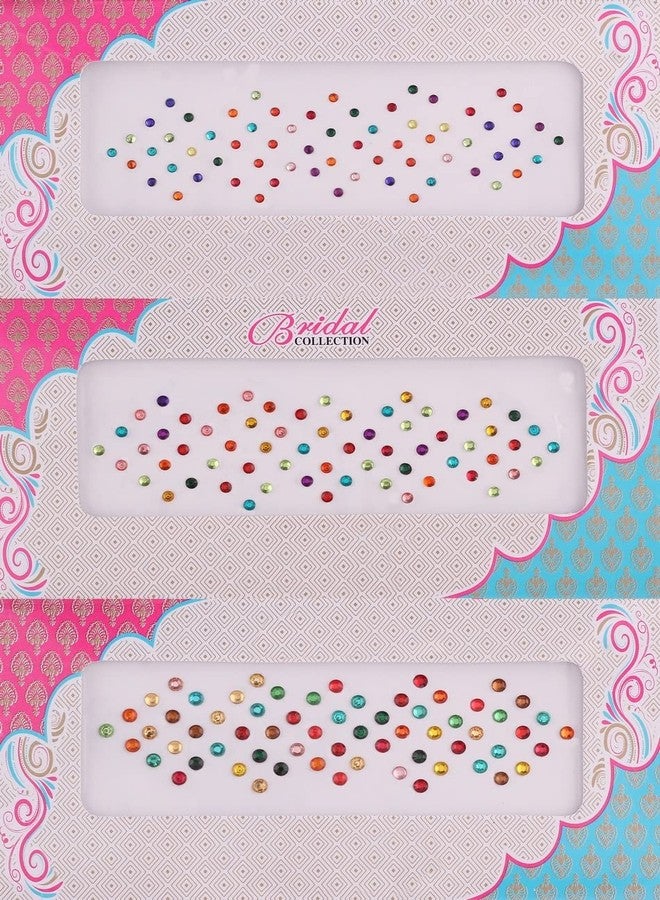 Vama Fashions Mix Size Multi Colour Stone Diamond Bindiya Set Combo kumkum Sticker Colourful pottu Multicolor Bindi Set for Women (Pack of 3 Sheets Mix Sizes) - Image 1