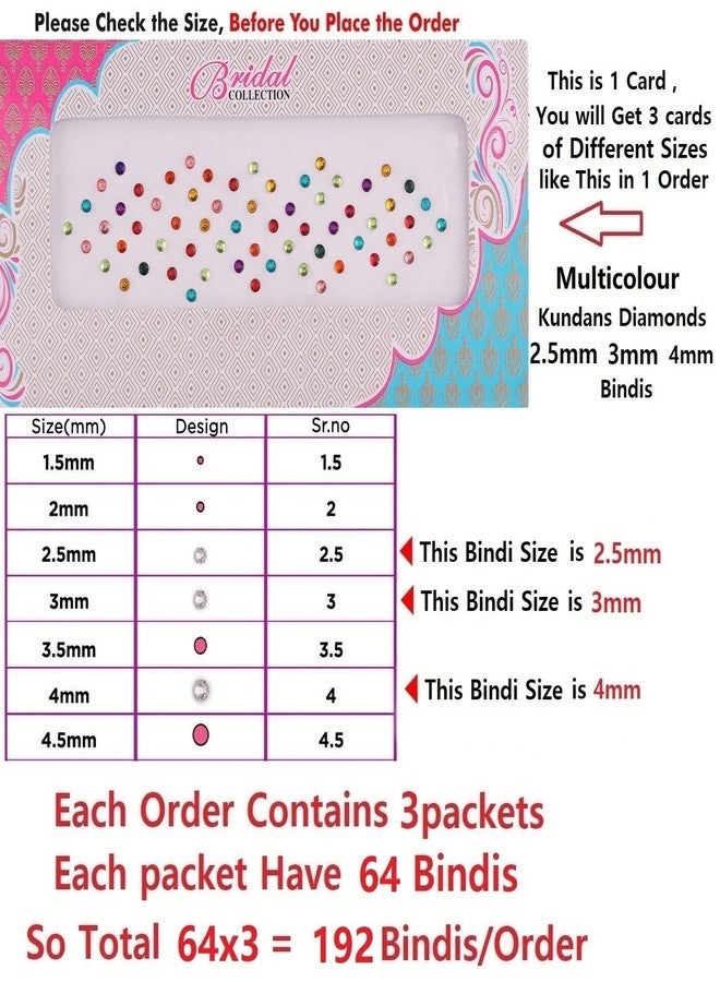 Vama Fashions Mix Size Multi Colour Stone Diamond Bindiya Set Combo kumkum Sticker Colourful pottu Multicolor Bindi Set for Women (Pack of 3 Sheets Mix Sizes) - Image 3