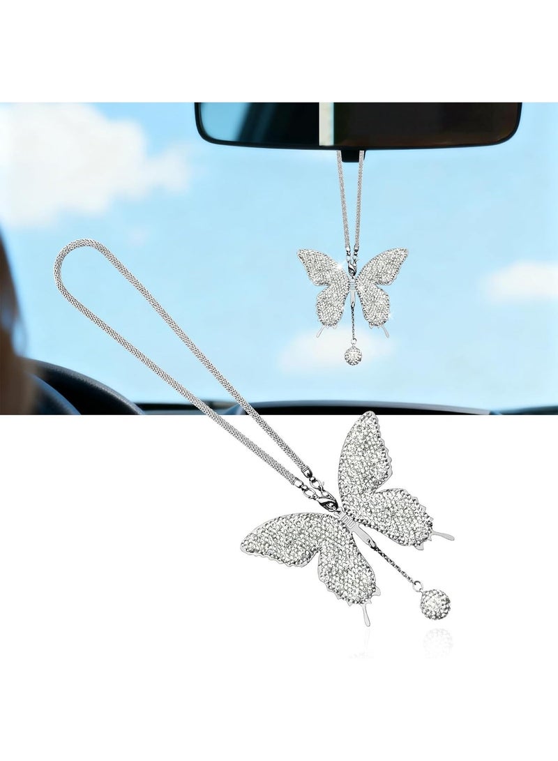 Hugifts Bling Butterfly Diamond Car Hanging Accessories, Crystal Car Rear View Mirror Charms Lucky Hanging Interior Crystal Ornament Pendant Decor for All Cars(White) - Image 1