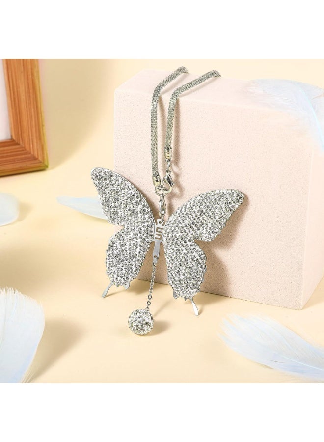 Hugifts Bling Butterfly Diamond Car Hanging Accessories, Crystal Car Rear View Mirror Charms Lucky Hanging Interior Crystal Ornament Pendant Decor for All Cars(White) - Image 2