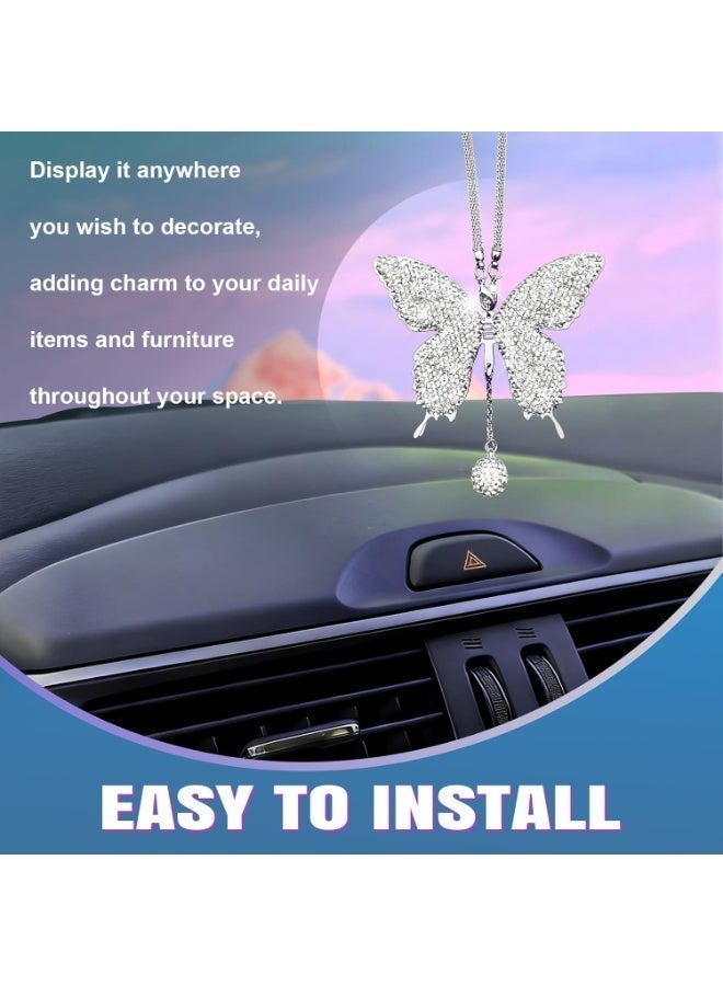 Hugifts Bling Butterfly Diamond Car Hanging Accessories, Crystal Car Rear View Mirror Charms Lucky Hanging Interior Crystal Ornament Pendant Decor for All Cars(White) - Image 4