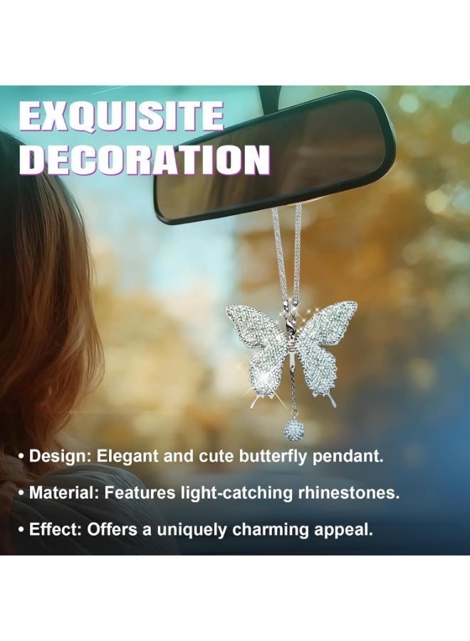 Hugifts Bling Butterfly Diamond Car Hanging Accessories, Crystal Car Rear View Mirror Charms Lucky Hanging Interior Crystal Ornament Pendant Decor for All Cars(White) - Image 5