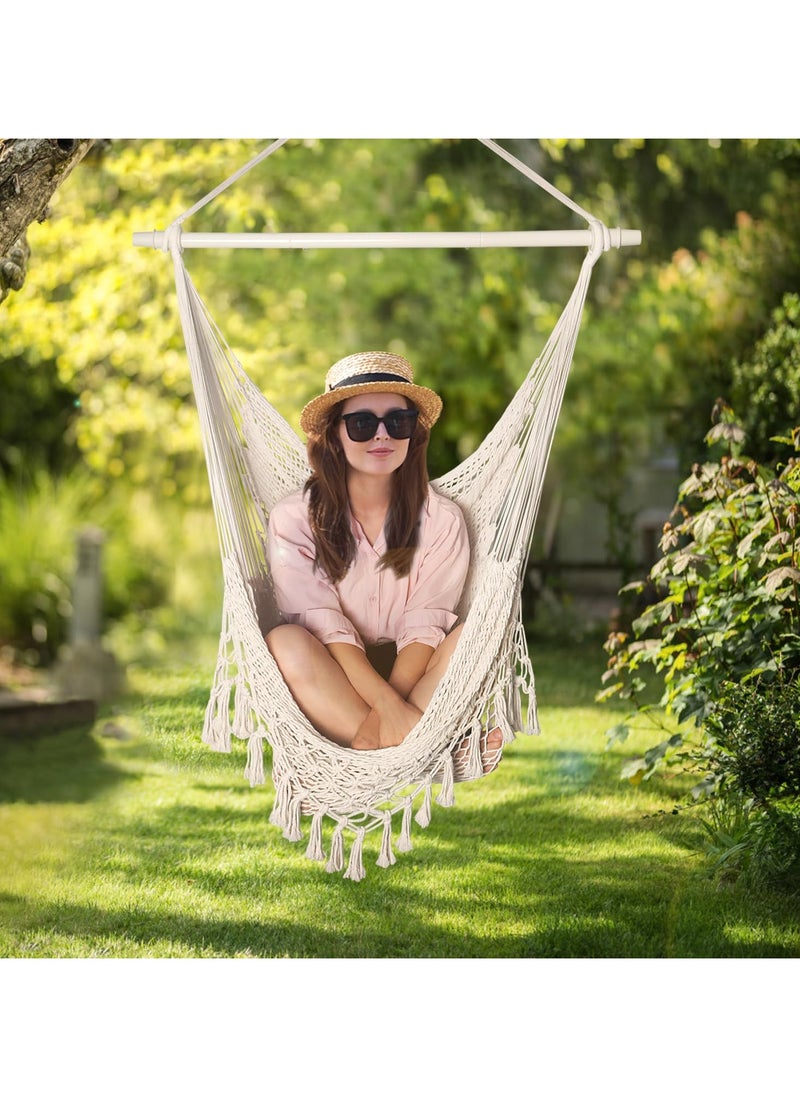 SYOSI - Handwoven Cotton Rope Hammock Chair with Metal Spreader Bar, Boho Hanging Chair Bedroom, Indoor Outdoor Swing Chair, for Bedroom, Indoor & Outdoor, Patio, Porch or Tree - Image 1