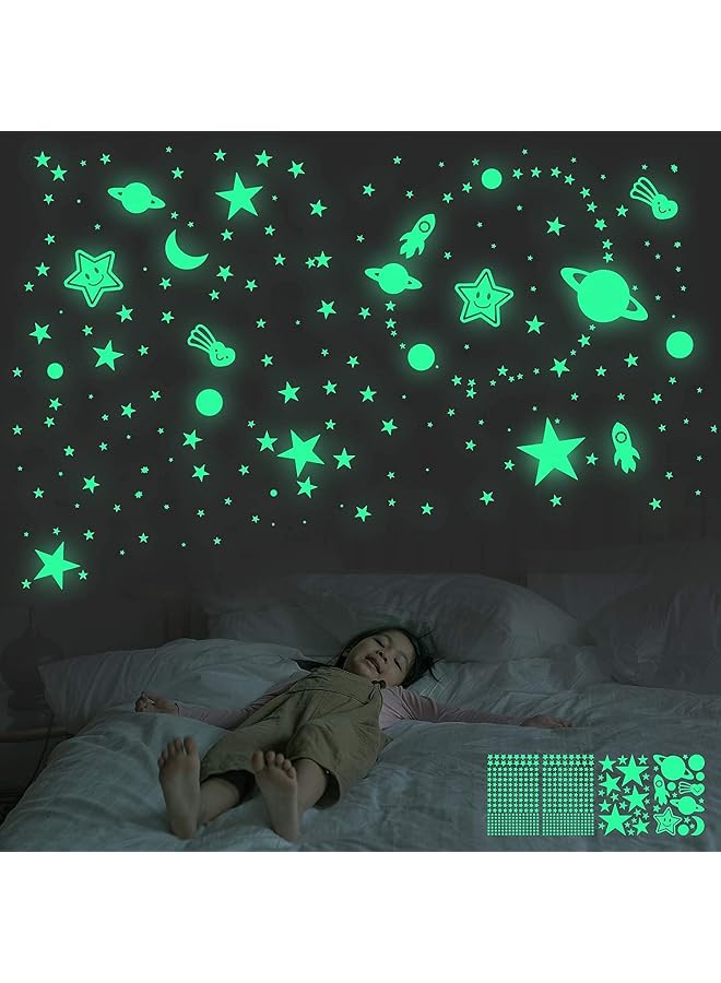 S-TOP Glow in The Dark Stars Wall Stickers for Ceiling, 462 Pcs 3D Glowing Removable Self-Adhesive Wall Decals with Moon, Rocket and Planets for Girls Boys Kids DIY Bedding Room Bedroom Décor - Image 1