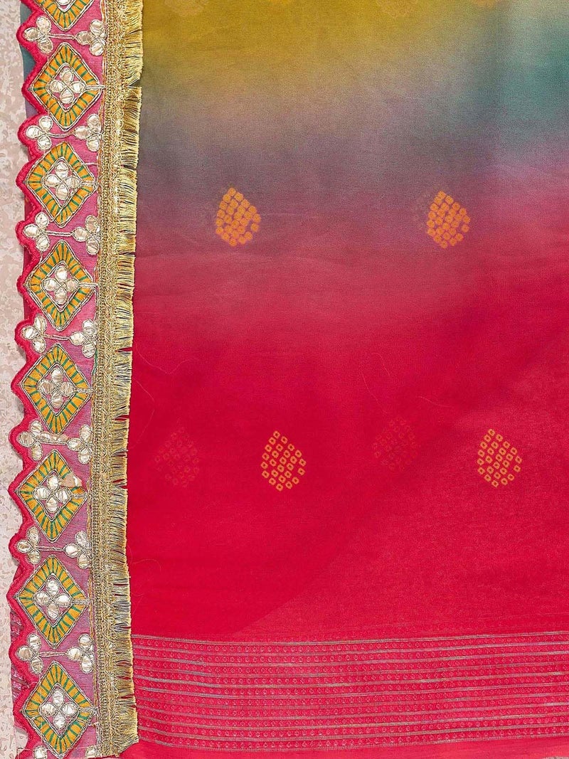Satrani Women's Weightless Georgette Zari Stripe Weaving Bandhani Printed Saree with Unstitched Blouse Piece (4923S103N_Pink & Multi3) - Image 5