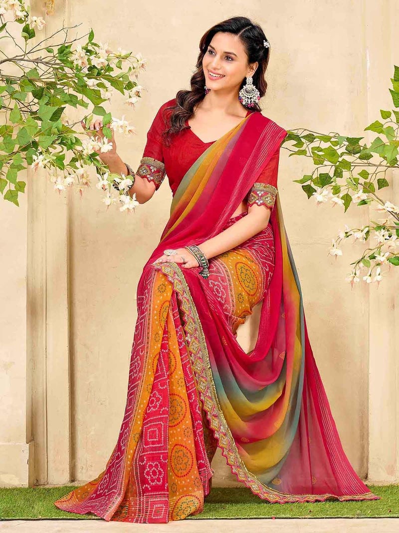 Satrani Women's Weightless Georgette Zari Stripe Weaving Bandhani Printed Saree with Unstitched Blouse Piece (4923S103N_Pink & Multi3) - Image 2