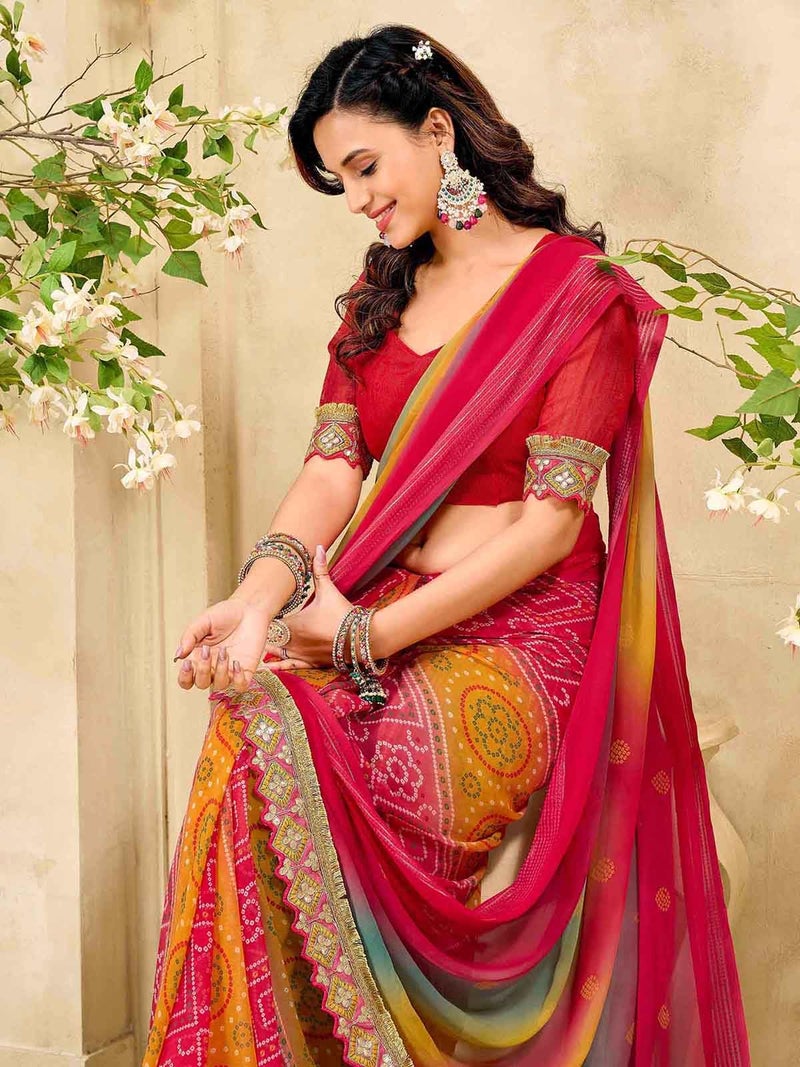 Satrani Women's Weightless Georgette Zari Stripe Weaving Bandhani Printed Saree with Unstitched Blouse Piece (4923S103N_Pink & Multi3) - Image 4