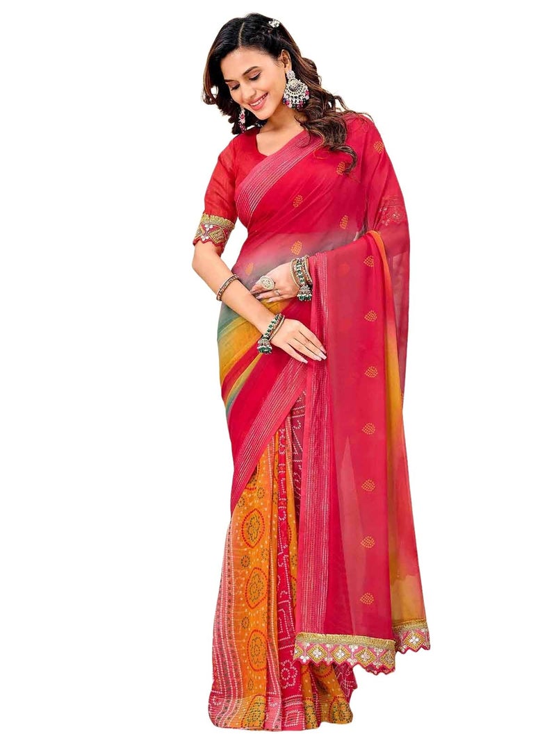 Satrani Women's Weightless Georgette Zari Stripe Weaving Bandhani Printed Saree with Unstitched Blouse Piece (4923S103N_Pink & Multi3) - Image 1