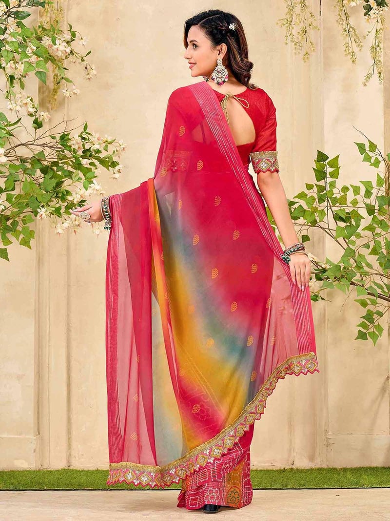 Satrani Women's Weightless Georgette Zari Stripe Weaving Bandhani Printed Saree with Unstitched Blouse Piece (4923S103N_Pink & Multi3) - Image 3