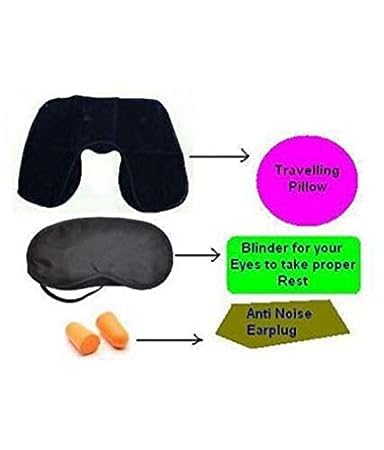 MSS Store Velvet 3 in 1 Inflatable Travel Soft air Cushion Neck Pillow with Ear Plug and Eye Mask Set Multi Colour Pack of 2 T Set 2  - Image 3