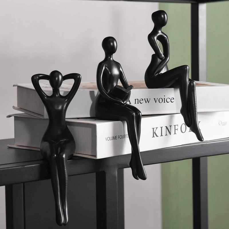Quoowiit Black Thinker Statue Book Shelf Decor, Minimalist Modern Home Decor Collectable Figurines Office Desk Unique Coffee Table Decorations for Living Room 3 Piece - Image 1