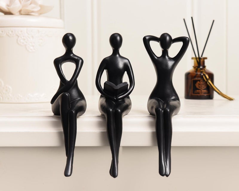 Quoowiit Black Thinker Statue Book Shelf Decor, Minimalist Modern Home Decor Collectable Figurines Office Desk Unique Coffee Table Decorations for Living Room 3 Piece - Image 2