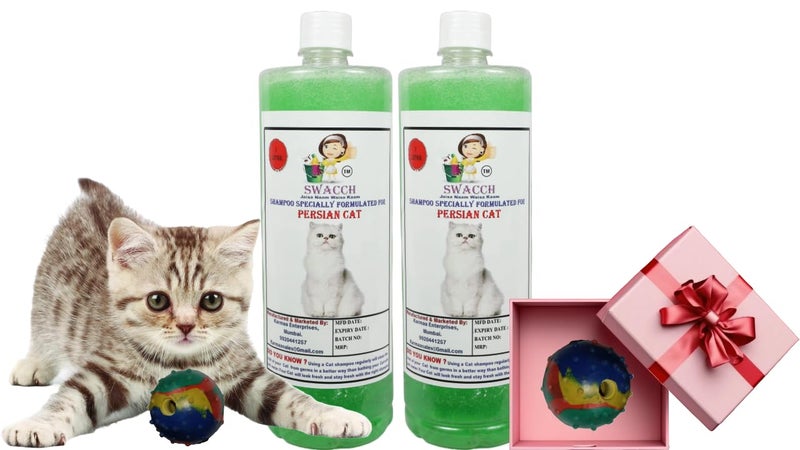 swacch Persian Cat Shampoo + Rubber Musical Ball I Chew Playing Rubber Ball I Interactive Cat Toy Balls I Training & Play I Combo Pack I 1 Litre Pack of 2 Neem Alovera - Image 1
