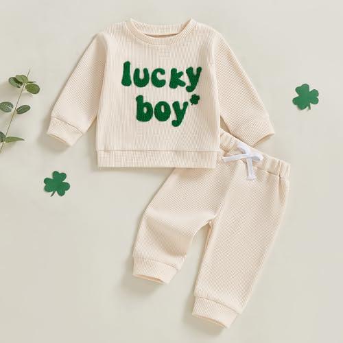 Lesimsam Toddler Baby Boy St Patricks Day Outfit Letter Embroidery Long Sleeve Waffle Knit Sweatshirt and Pants Set (A-Apricot, 6-12 Months) - Image 2