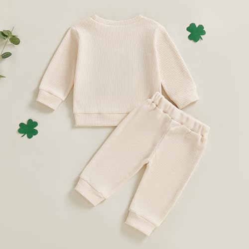 Lesimsam Toddler Baby Boy St Patricks Day Outfit Letter Embroidery Long Sleeve Waffle Knit Sweatshirt and Pants Set (A-Apricot, 6-12 Months) - Image 3