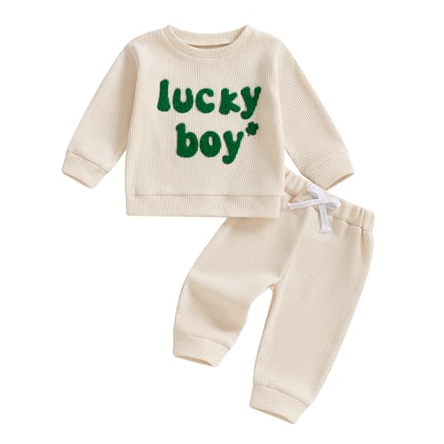 Lesimsam Toddler Baby Boy St Patricks Day Outfit Letter Embroidery Long Sleeve Waffle Knit Sweatshirt and Pants Set (A-Apricot, 6-12 Months) - Image 1
