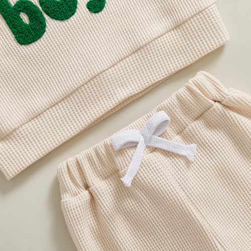 Lesimsam Toddler Baby Boy St Patricks Day Outfit Letter Embroidery Long Sleeve Waffle Knit Sweatshirt and Pants Set (A-Apricot, 6-12 Months) - Image 5