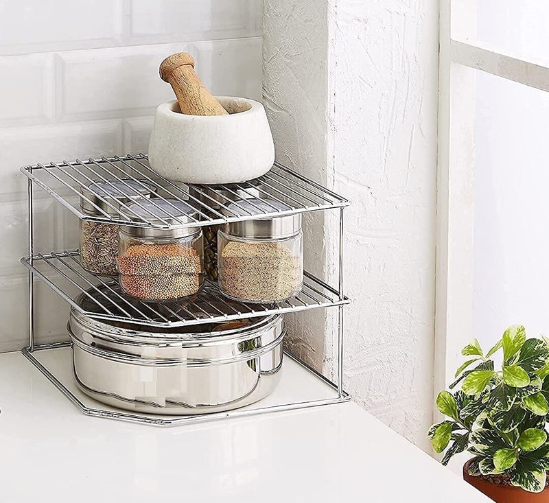 Cri8Hub Made by High Stainless Steel Kitchen Plate Dish Corner Shelf Rack Stand Shelves Holder, Cupboard Organizer, Home Storage (Size 12 x 12 x 12 Inches) Corner Stand - Image 1