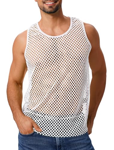 ABAFIP Mens Sheer Mesh Sleeveless Tank TopFishnet See Through Muscle ShirtGym Workout Fitted Undershirt White XLarge - Image 1