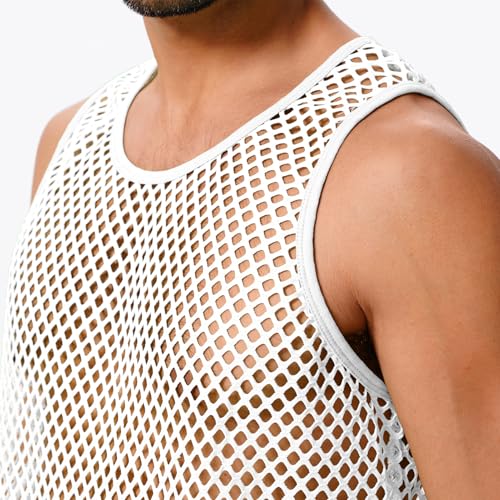 ABAFIP Mens Sheer Mesh Sleeveless Tank TopFishnet See Through Muscle ShirtGym Workout Fitted Undershirt White XLarge - Image 3
