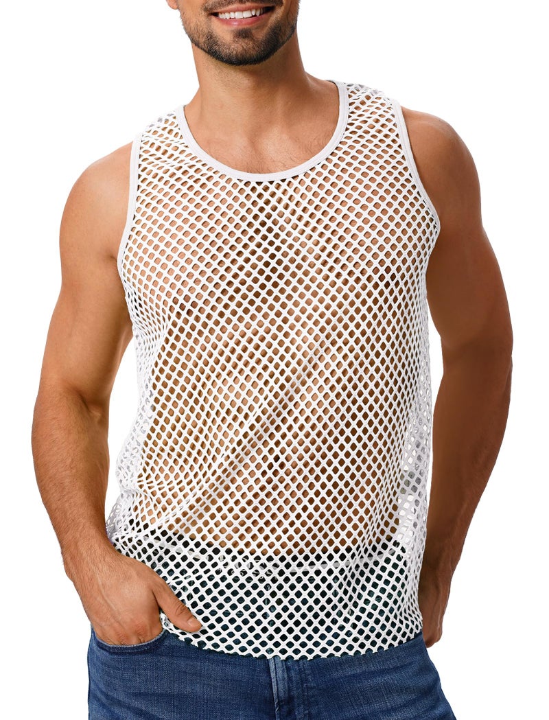ABAFIP Mens Sheer Mesh Sleeveless Tank TopFishnet See Through Muscle ShirtGym Workout Fitted Undershirt White XLarge - Image 2