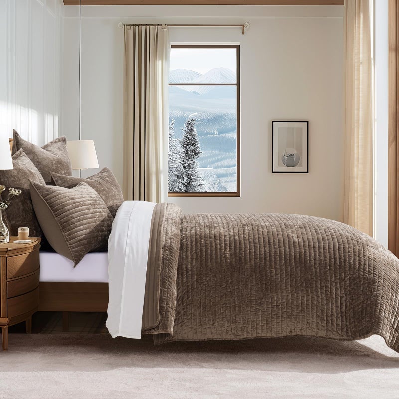 EVERGRACEHOME EVERGRACE Velvet Quilt Set Queen Size, Luxurious Soft Striped Channel Bedding Set, Lightweight Velvet Comforter for All Season, Oversized Bedspread Coverlet with 2 Matching Shams, Mocha Brown - Image 2