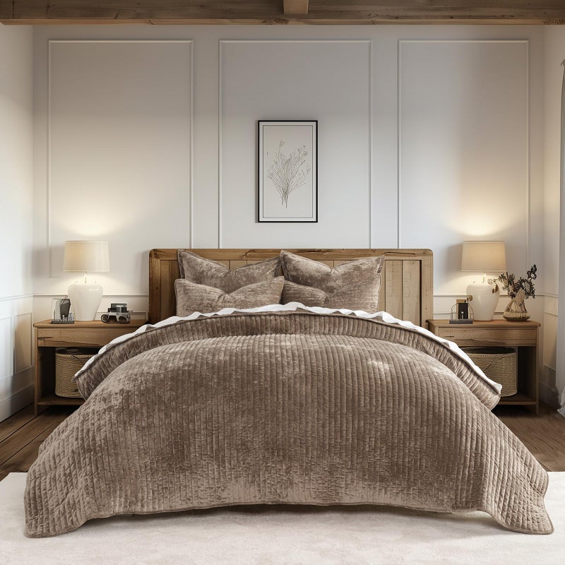 EVERGRACEHOME EVERGRACE Velvet Quilt Set Queen Size, Luxurious Soft Striped Channel Bedding Set, Lightweight Velvet Comforter for All Season, Oversized Bedspread Coverlet with 2 Matching Shams, Mocha Brown - Image 1