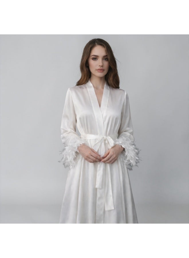 VELVIA Satin robe with lace back and feather trim - Image 1