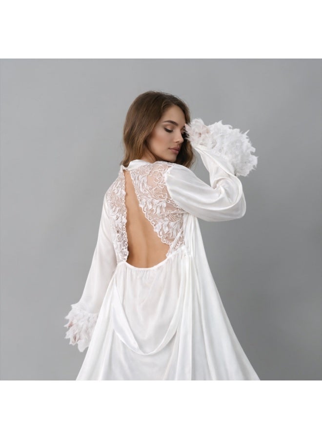 VELVIA Satin robe with lace back and feather trim - Image 2