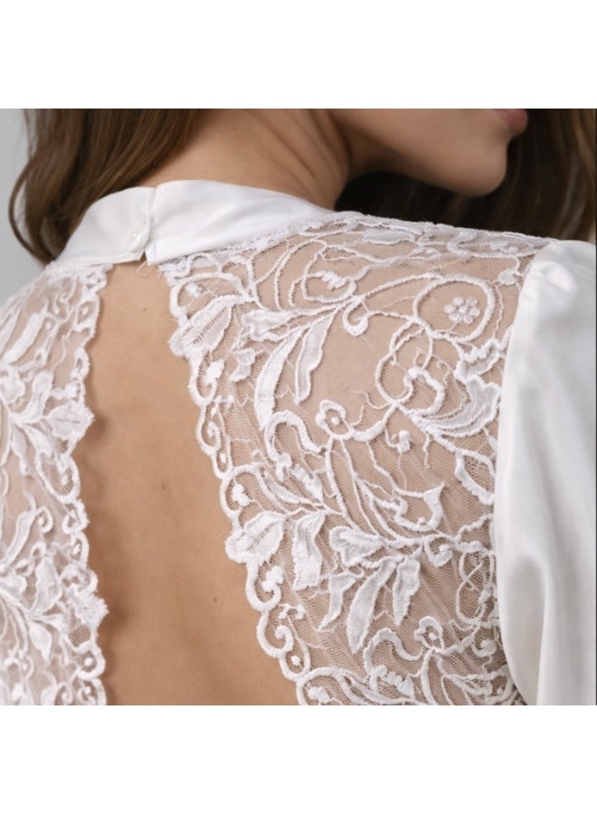 VELVIA Satin robe with lace back and feather trim - Image 3