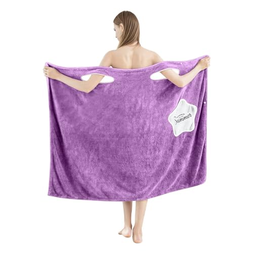 HOUSSE Wearable Microfiber Spa Bath Towel with Star Pocket for Girls & Women | Soft, Cozy Wrap with Snap Closure |Women’s Day Gift | 110 x 140 cm (Purple_White) - Image 1