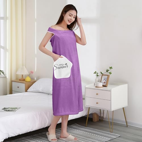 HOUSSE Wearable Microfiber Spa Bath Towel with Star Pocket for Girls & Women | Soft, Cozy Wrap with Snap Closure |Women’s Day Gift | 110 x 140 cm (Purple_White) - Image 3