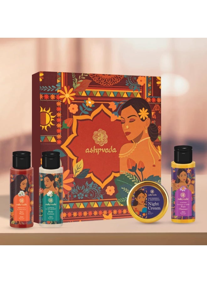 Ashpveda Opulence Gift Box | Skin, Hair & Body Care Kit – Face Wash 30ml, Night Cream12g, Body Lotion 30ml, Hair Wash 30ml – Travel Size Set - Image 1