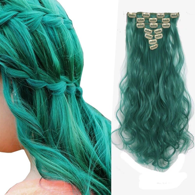 iLUU Teal Color Women Cosplay Party Daily Use Clip in Hair Extensions 20 100g 7pcs 16clips Long Wavy Curly Easy Wear and Easy Care Clip on Hair Extension for Women Hair