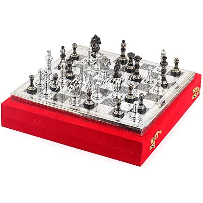 ناجينا انترناشيونال 12 مجموعة شطرنج سوداء نحاسية صلبة من قطع الشطرنج المعدنية مع لوح نحاسي كبير مجموعة جميلة مصنوعة يدويا من ألعاب الطاولة التكتيكية الإستراتيجية المجردة مع علبة تخزين المخملية الحمراء لوح فضي - Image 2
