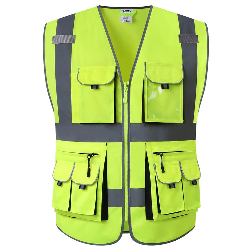 سترة أمان عالية الوضوح بسحاب أمامي من JKSafety بـ 10 جيوب، صفراء مع شرائط عاكسة عالية تلبي معايير ANSIISEA 88، متوسطة