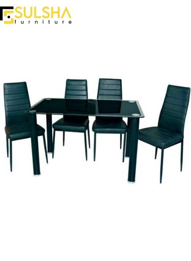 SULSHA 4 Seat Modern Glass Top Dining Table With Leather Poshish Chair - Image 1