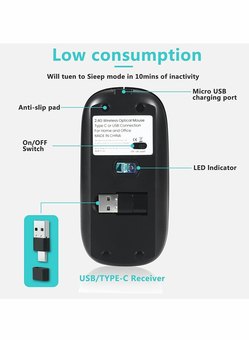Excefore Wireless Mouse,Rechargeable Slim Silent Mouse Portable Mobile Optical Office Mouse with USB & Type-c Receiver, 3 Adjustable DPI for MacBook Pro Windows PC Laptop-Black  - Image 3