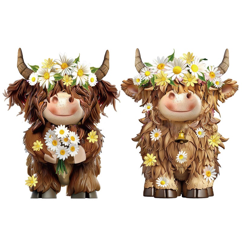 Burbell 2 Pack Highland Cow Resin Figurine Spring Highland Cow Gnomes with Flower for Spring Garden Table Shelf Home Decor Calf Gnome Herd Gifts(Daisy Flower) - Image 1