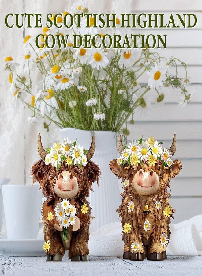 Burbell 2 Pack Highland Cow Resin Figurine Spring Highland Cow Gnomes with Flower for Spring Garden Table Shelf Home Decor Calf Gnome Herd Gifts(Daisy Flower) - Image 5