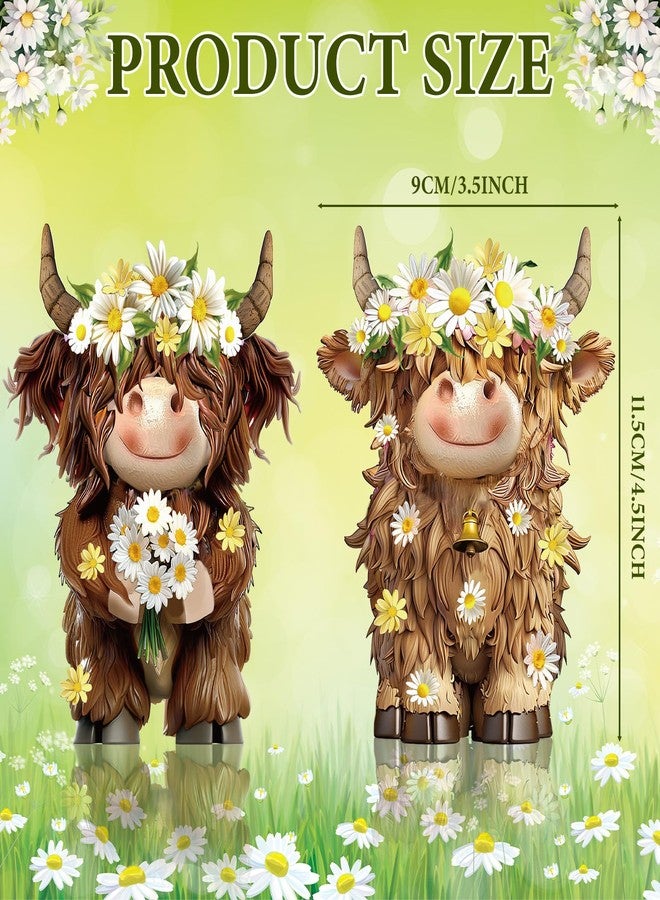 Burbell 2 Pack Highland Cow Resin Figurine Spring Highland Cow Gnomes with Flower for Spring Garden Table Shelf Home Decor Calf Gnome Herd Gifts(Daisy Flower) - Image 3
