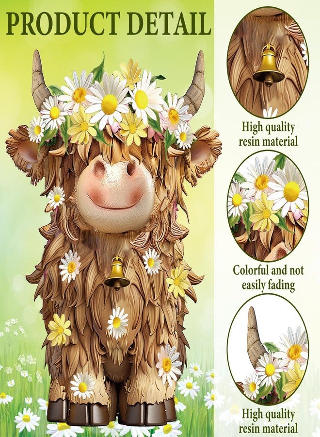 Burbell 2 Pack Highland Cow Resin Figurine Spring Highland Cow Gnomes with Flower for Spring Garden Table Shelf Home Decor Calf Gnome Herd Gifts(Daisy Flower) - Image 4