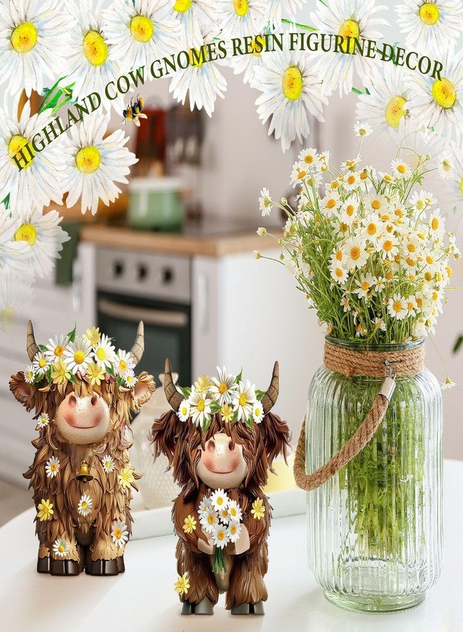 Burbell 2 Pack Highland Cow Resin Figurine Spring Highland Cow Gnomes with Flower for Spring Garden Table Shelf Home Decor Calf Gnome Herd Gifts(Daisy Flower) - Image 2