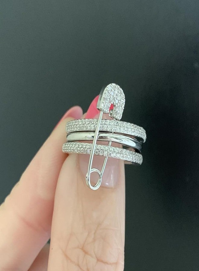 BLBLJERY Safety Pin Silver& Gold Stackable Rings for Women Non Tarnish 14k Gold Plated Statement Ring Set Cubic Zirconia Wedding Rings Thumb Ring Stack Pack Unique Jewelry Gift Women, 9, Metal, Cubic - Image 3