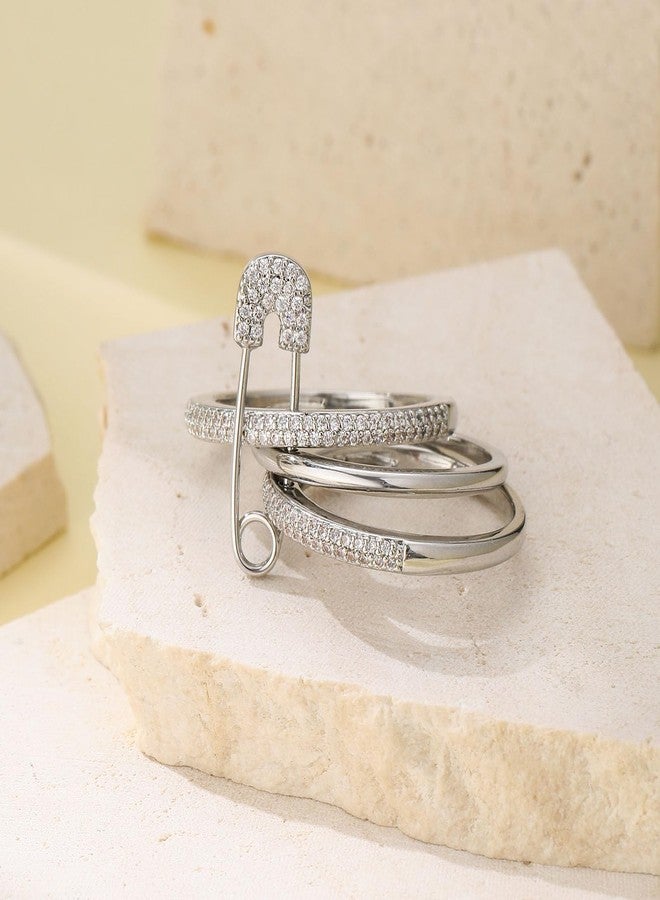 BLBLJERY Safety Pin Silver& Gold Stackable Rings for Women Non Tarnish 14k Gold Plated Statement Ring Set Cubic Zirconia Wedding Rings Thumb Ring Stack Pack Unique Jewelry Gift Women, 9, Metal, Cubic - Image 5